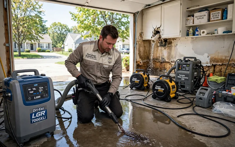Technician cleaning up a leak in a Harrisburg garage