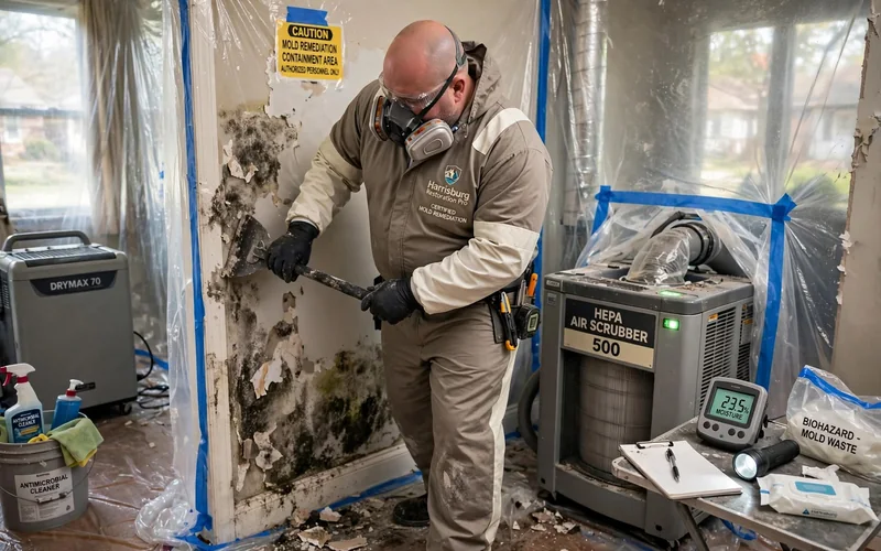 Mold remediation technician inside a containment area